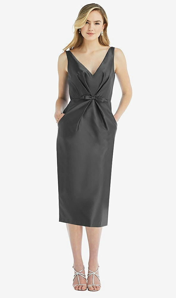 Front View - Pewter Sleeveless Bow-Waist Pleated Satin Pencil Dress with Pockets