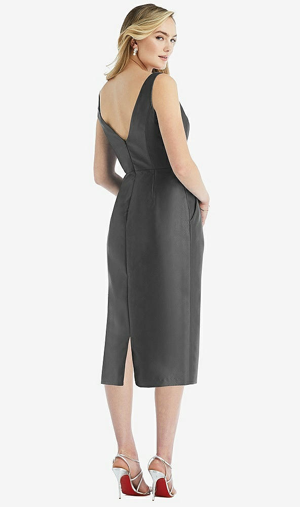 Back View - Pewter Sleeveless Bow-Waist Pleated Satin Pencil Dress with Pockets