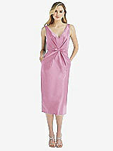 Front View Thumbnail - Powder Pink Sleeveless Bow-Waist Pleated Satin Pencil Dress with Pockets