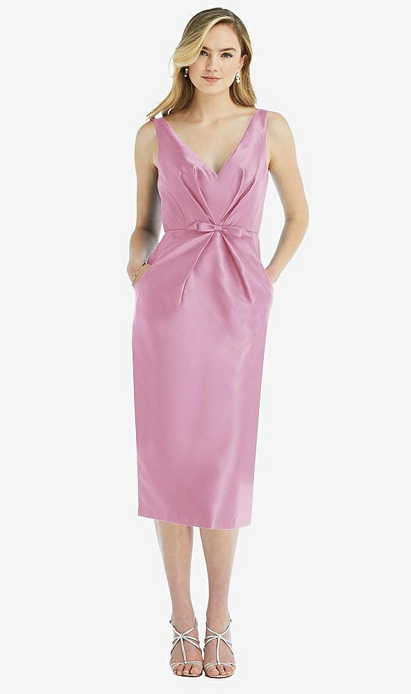 Front View - Powder Pink Sleeveless Bow-Waist Pleated Satin Pencil Dress with Pockets