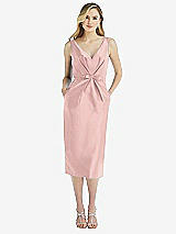 Front View Thumbnail - Rose - PANTONE Rose Quartz Sleeveless Bow-Waist Pleated Satin Pencil Dress with Pockets