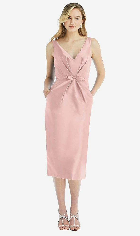 Front View - Rose - PANTONE Rose Quartz Sleeveless Bow-Waist Pleated Satin Pencil Dress with Pockets