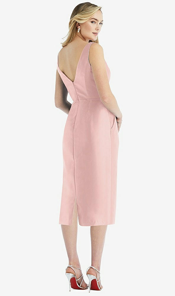 Back View - Rose - PANTONE Rose Quartz Sleeveless Bow-Waist Pleated Satin Pencil Dress with Pockets