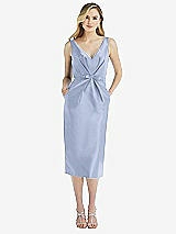 Front View Thumbnail - Sky Blue Sleeveless Bow-Waist Pleated Satin Pencil Dress with Pockets