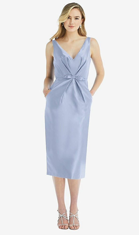 Front View - Sky Blue Sleeveless Bow-Waist Pleated Satin Pencil Dress with Pockets