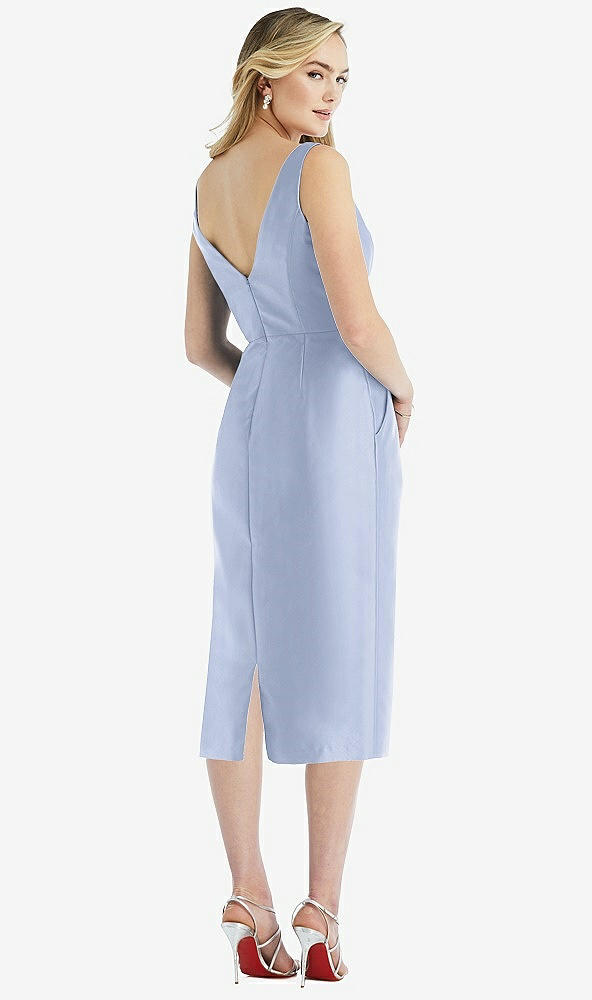 Back View - Sky Blue Sleeveless Bow-Waist Pleated Satin Pencil Dress with Pockets