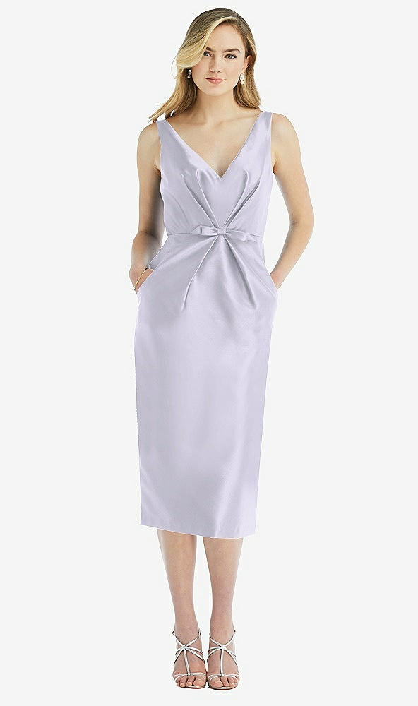 Front View - Silver Dove Sleeveless Bow-Waist Pleated Satin Pencil Dress with Pockets