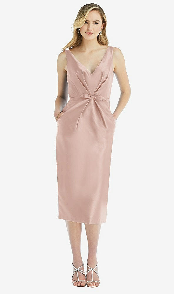 Front View - Toasted Sugar Sleeveless Bow-Waist Pleated Satin Pencil Dress with Pockets