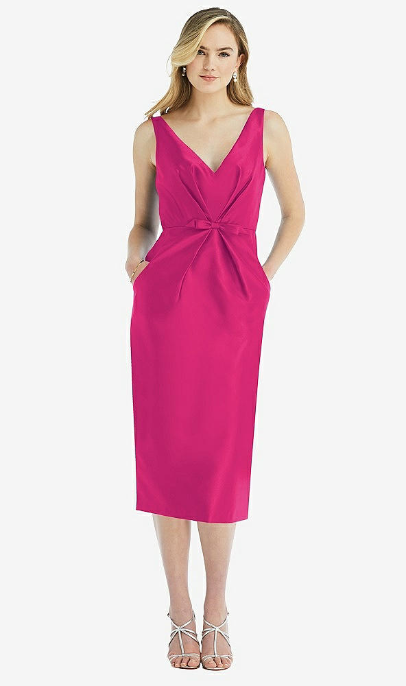 Front View - Think Pink Sleeveless Bow-Waist Pleated Satin Pencil Dress with Pockets