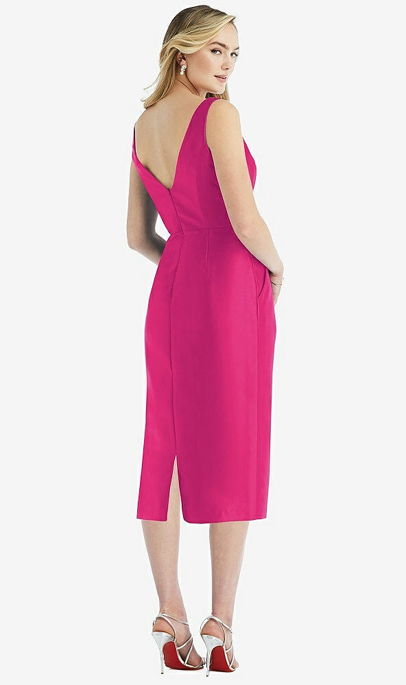 Back View - Think Pink Sleeveless Bow-Waist Pleated Satin Pencil Dress with Pockets