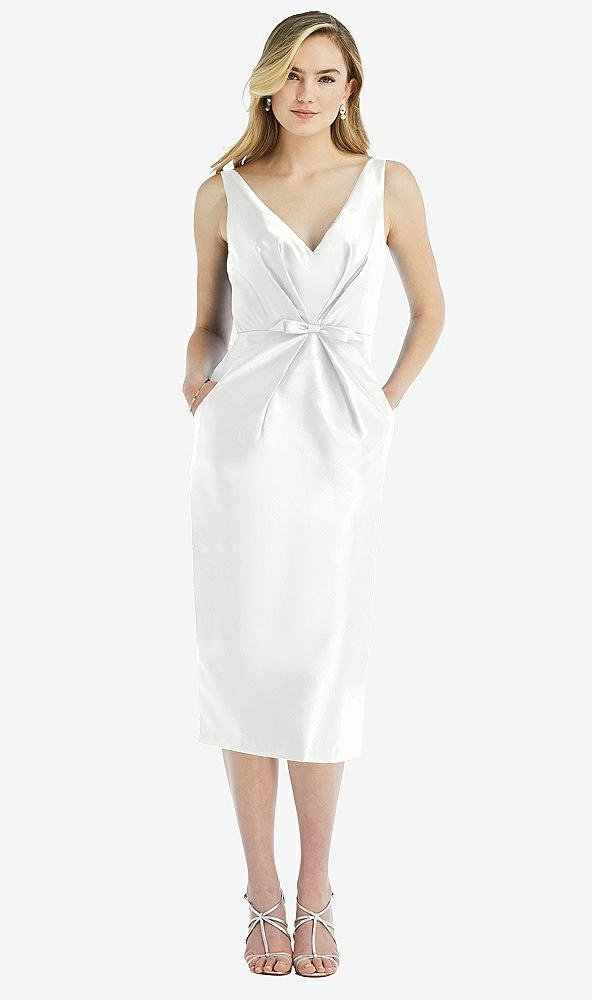 Front View - White Sleeveless Bow-Waist Pleated Satin Pencil Dress with Pockets