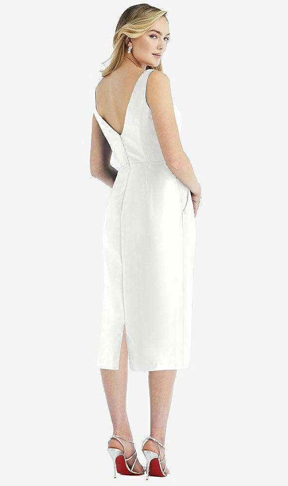Back View - White Sleeveless Bow-Waist Pleated Satin Pencil Dress with Pockets
