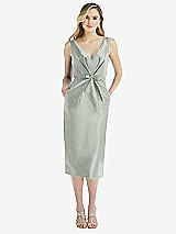 Front View Thumbnail - Willow Green Sleeveless Bow-Waist Pleated Satin Pencil Dress with Pockets