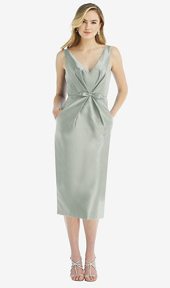 Front View - Willow Green Sleeveless Bow-Waist Pleated Satin Pencil Dress with Pockets