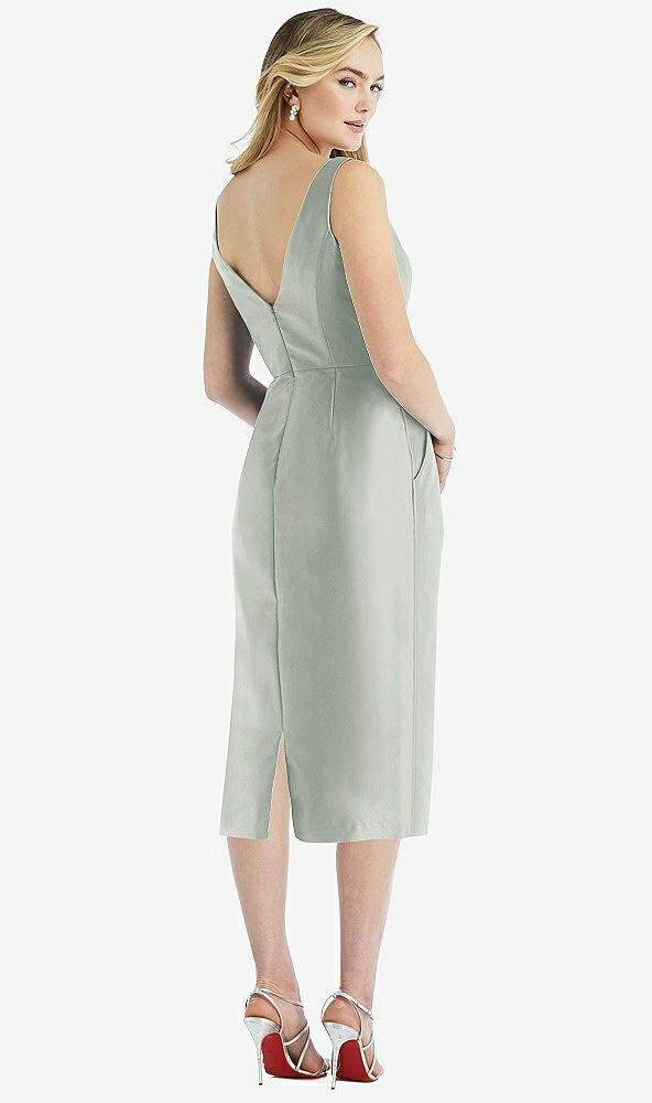 Back View - Willow Green Sleeveless Bow-Waist Pleated Satin Pencil Dress with Pockets