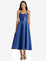 Front View Thumbnail - Classic Blue Tie-Neck Halter Full Skirt Satin Midi Dress