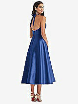 Rear View Thumbnail - Classic Blue Tie-Neck Halter Full Skirt Satin Midi Dress