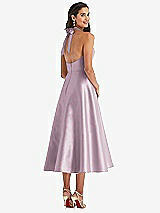 Rear View Thumbnail - Suede Rose Tie-Neck Halter Full Skirt Satin Midi Dress