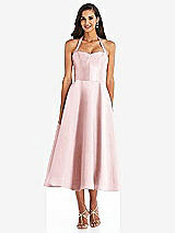 Front View Thumbnail - Ballet Pink Tie-Neck Halter Full Skirt Satin Midi Dress