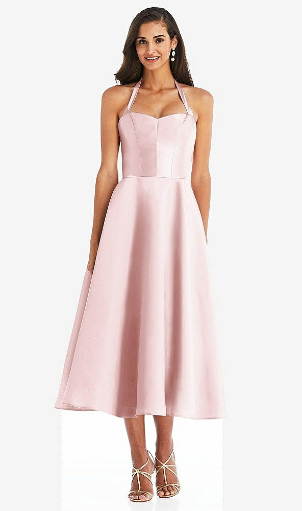 Front View - Ballet Pink Tie-Neck Halter Full Skirt Satin Midi Dress