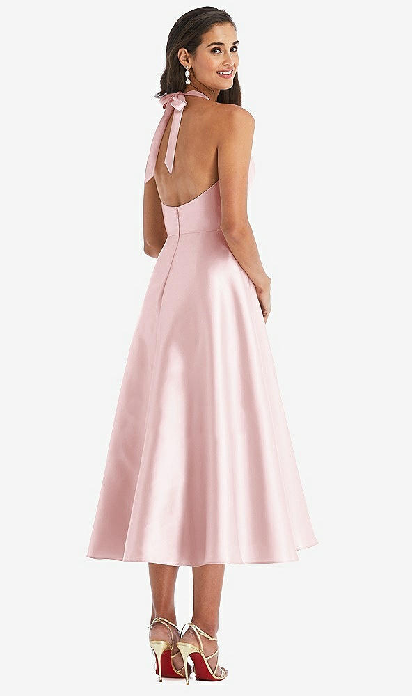 Back View - Ballet Pink Tie-Neck Halter Full Skirt Satin Midi Dress
