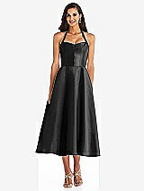 Front View Thumbnail - Black Tie-Neck Halter Full Skirt Satin Midi Dress