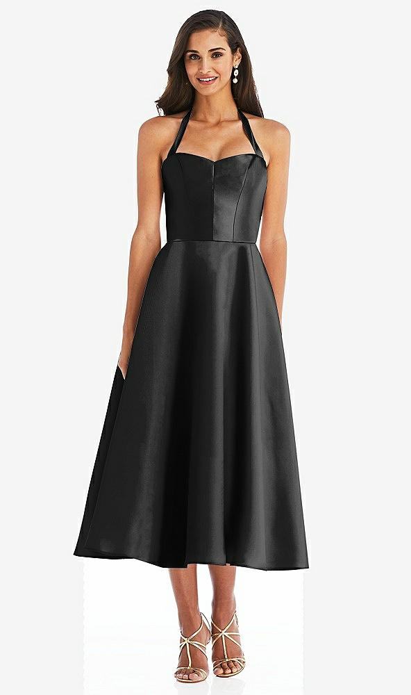 Front View - Black Tie-Neck Halter Full Skirt Satin Midi Dress