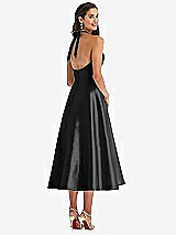 Rear View Thumbnail - Black Tie-Neck Halter Full Skirt Satin Midi Dress