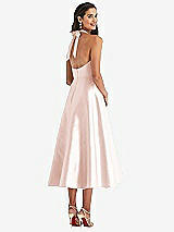Rear View Thumbnail - Blush Tie-Neck Halter Full Skirt Satin Midi Dress