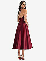 Rear View Thumbnail - Burgundy Tie-Neck Halter Full Skirt Satin Midi Dress