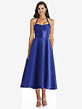 Front View Thumbnail - Cobalt Blue Tie-Neck Halter Full Skirt Satin Midi Dress