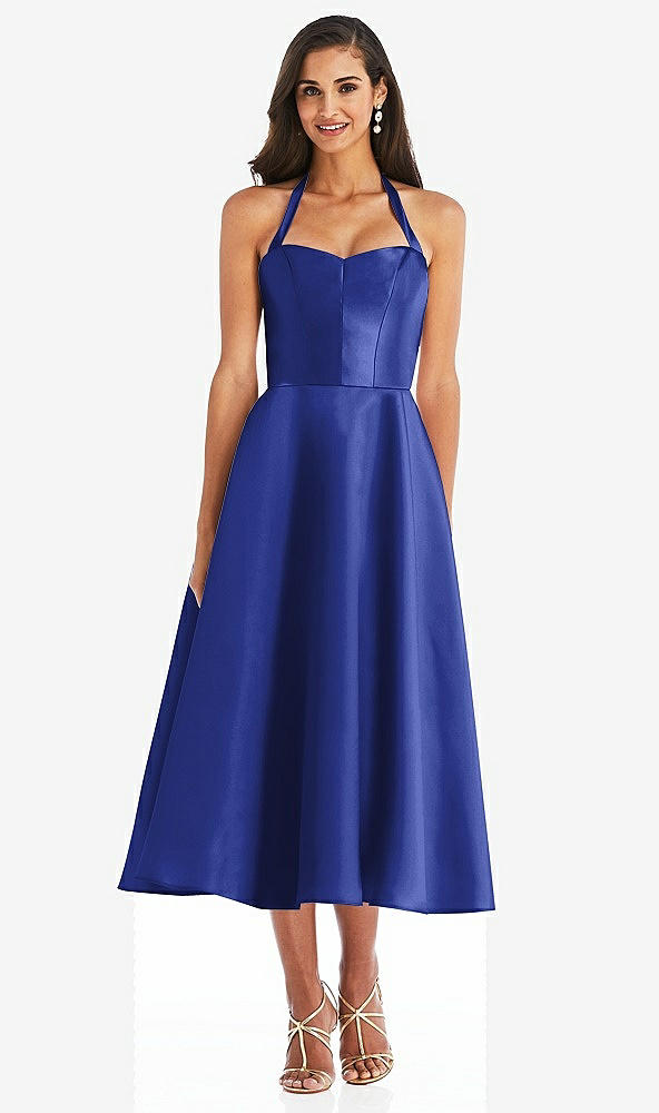 Front View - Cobalt Blue Tie-Neck Halter Full Skirt Satin Midi Dress