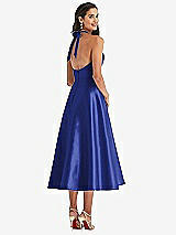Rear View Thumbnail - Cobalt Blue Tie-Neck Halter Full Skirt Satin Midi Dress