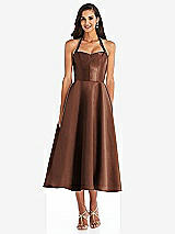Front View Thumbnail - Cognac Tie-Neck Halter Full Skirt Satin Midi Dress