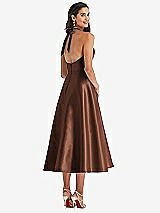 Rear View Thumbnail - Cognac Tie-Neck Halter Full Skirt Satin Midi Dress