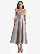 Front View Thumbnail - Cashmere Gray Tie-Neck Halter Full Skirt Satin Midi Dress