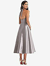 Rear View Thumbnail - Cashmere Gray Tie-Neck Halter Full Skirt Satin Midi Dress