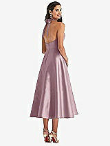 Rear View Thumbnail - Dusty Rose Tie-Neck Halter Full Skirt Satin Midi Dress