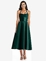 Front View Thumbnail - Evergreen Tie-Neck Halter Full Skirt Satin Midi Dress