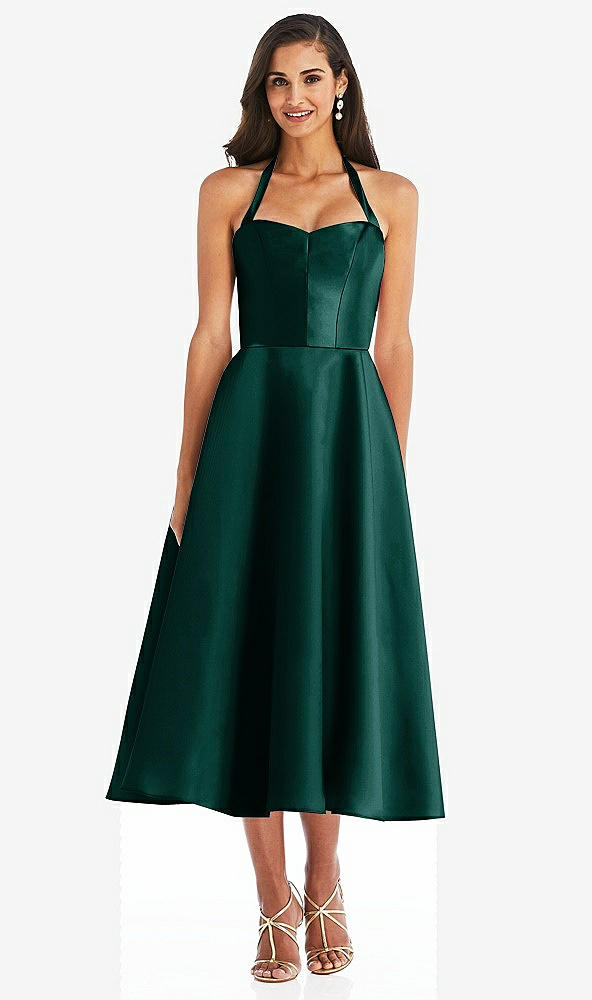 Front View - Evergreen Tie-Neck Halter Full Skirt Satin Midi Dress