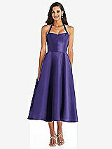 Front View Thumbnail - Grape Tie-Neck Halter Full Skirt Satin Midi Dress
