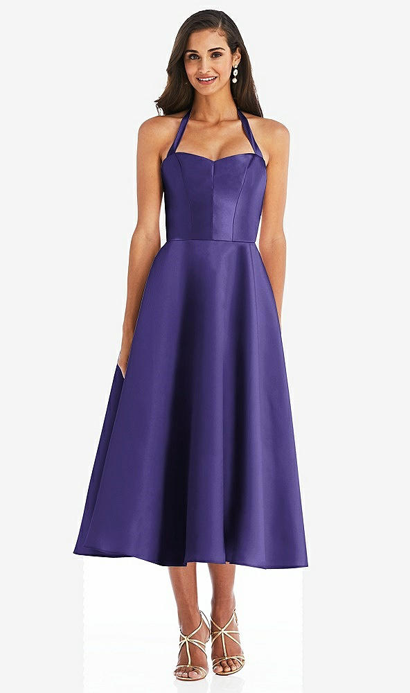 Front View - Grape Tie-Neck Halter Full Skirt Satin Midi Dress