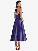 Rear View Thumbnail - Grape Tie-Neck Halter Full Skirt Satin Midi Dress