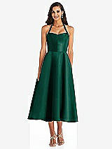 Front View Thumbnail - Hunter Green Tie-Neck Halter Full Skirt Satin Midi Dress