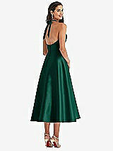 Rear View Thumbnail - Hunter Green Tie-Neck Halter Full Skirt Satin Midi Dress