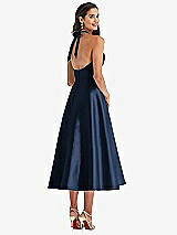 Rear View Thumbnail - Midnight Navy Tie-Neck Halter Full Skirt Satin Midi Dress