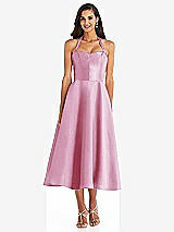 Front View Thumbnail - Powder Pink Tie-Neck Halter Full Skirt Satin Midi Dress