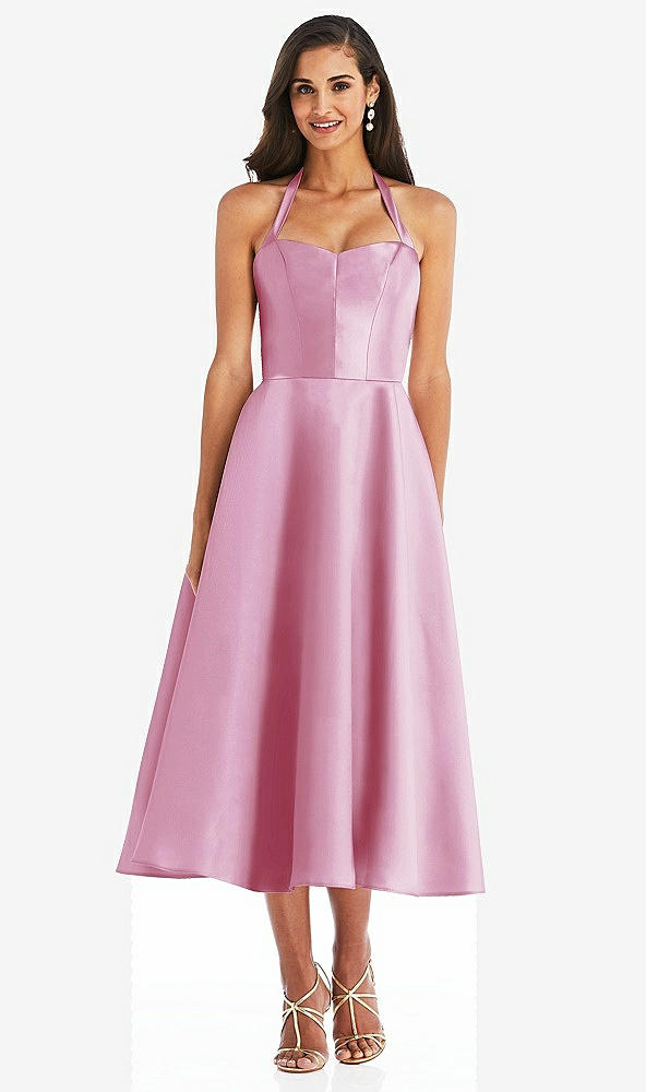 Front View - Powder Pink Tie-Neck Halter Full Skirt Satin Midi Dress