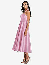 Side View Thumbnail - Powder Pink Tie-Neck Halter Full Skirt Satin Midi Dress