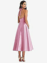 Rear View Thumbnail - Powder Pink Tie-Neck Halter Full Skirt Satin Midi Dress